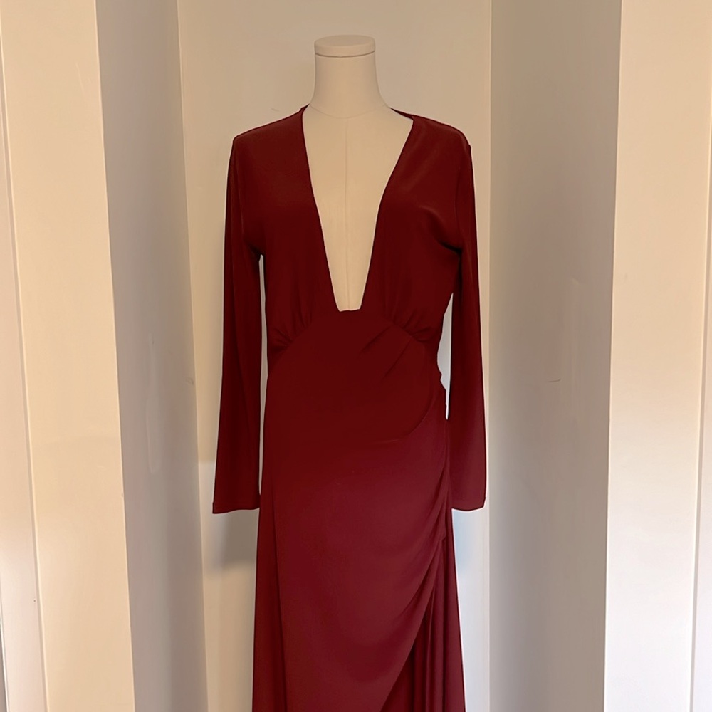 NBD Deep Wine Red Backless Plunge Long Sleeve Dress